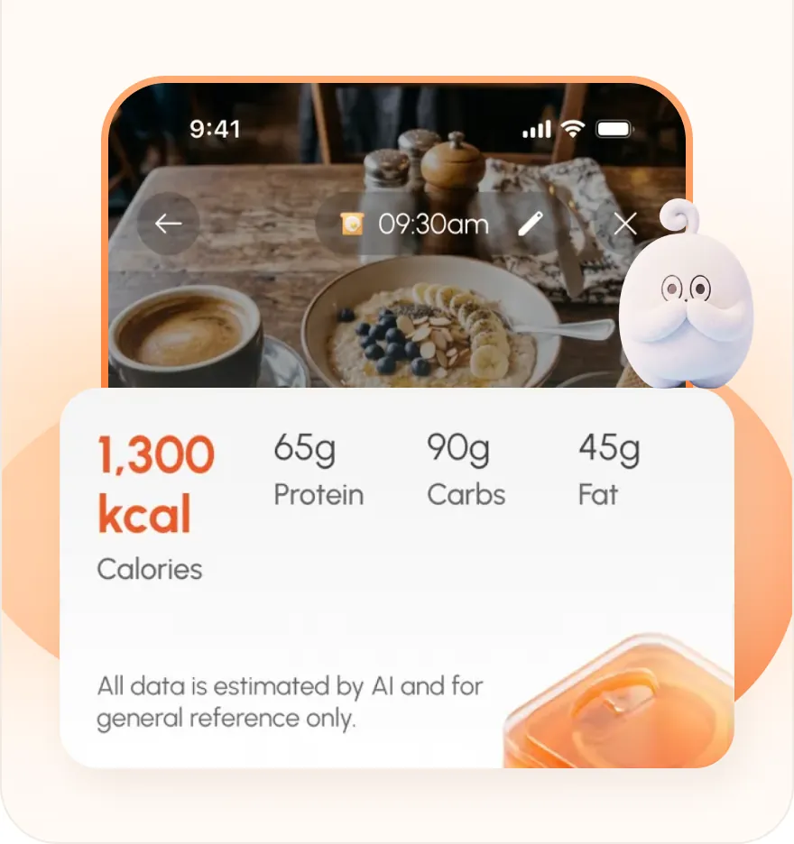 Meal scan in Wooki AI: 1,300 kcal with 65g protein, 90g carbs and 45g fat