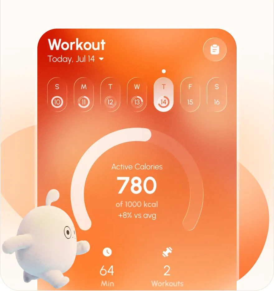 Wooki AI workout screen showing 780 active calories, 64 minutes and 2 workouts